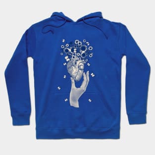 Blue hand heart and sunflowers, butterflies, daisies, anatomy illustration, drawing human heart with sweet flowers Hoodie